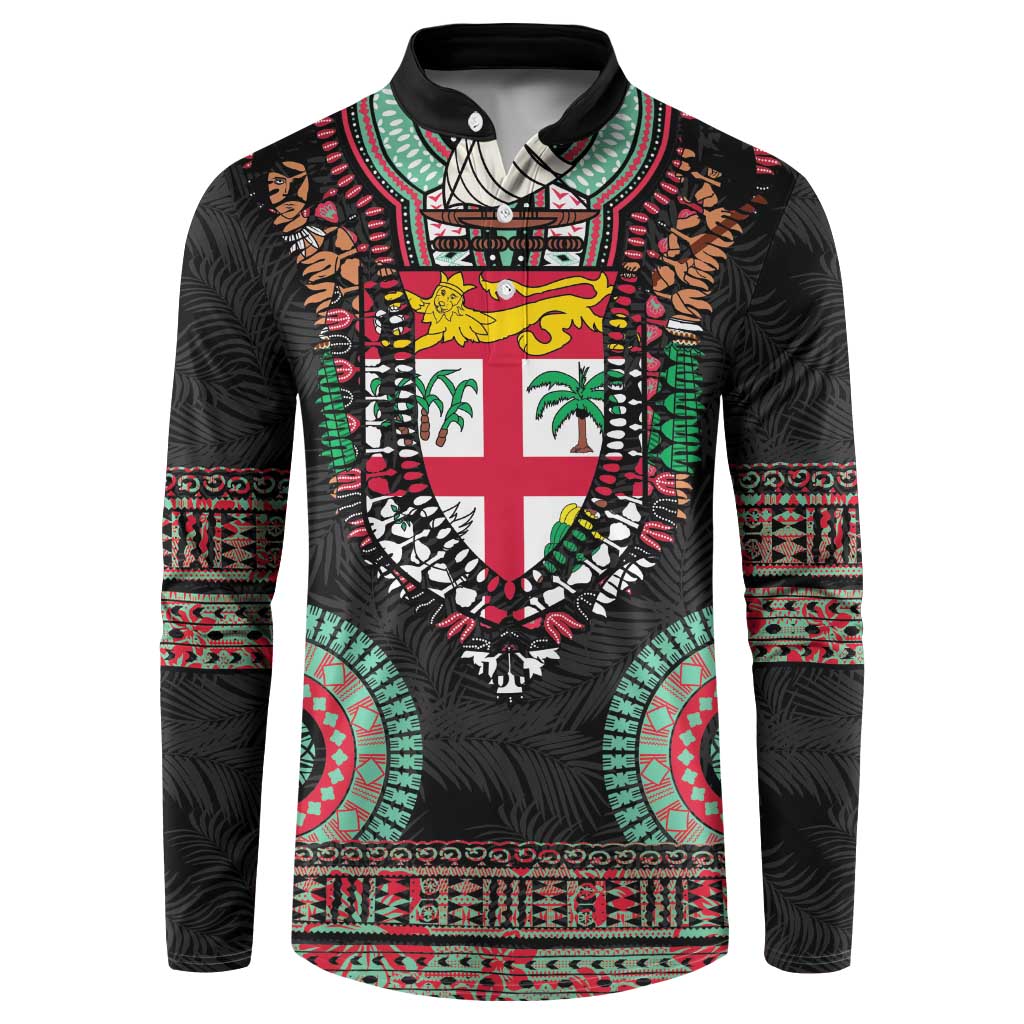 Fiji Coat of Arms Traditional Dashiki Button Sweatshirt Tapa Art and Palm Leaves Pattern Black Color LT03 Black - Polynesian Pride