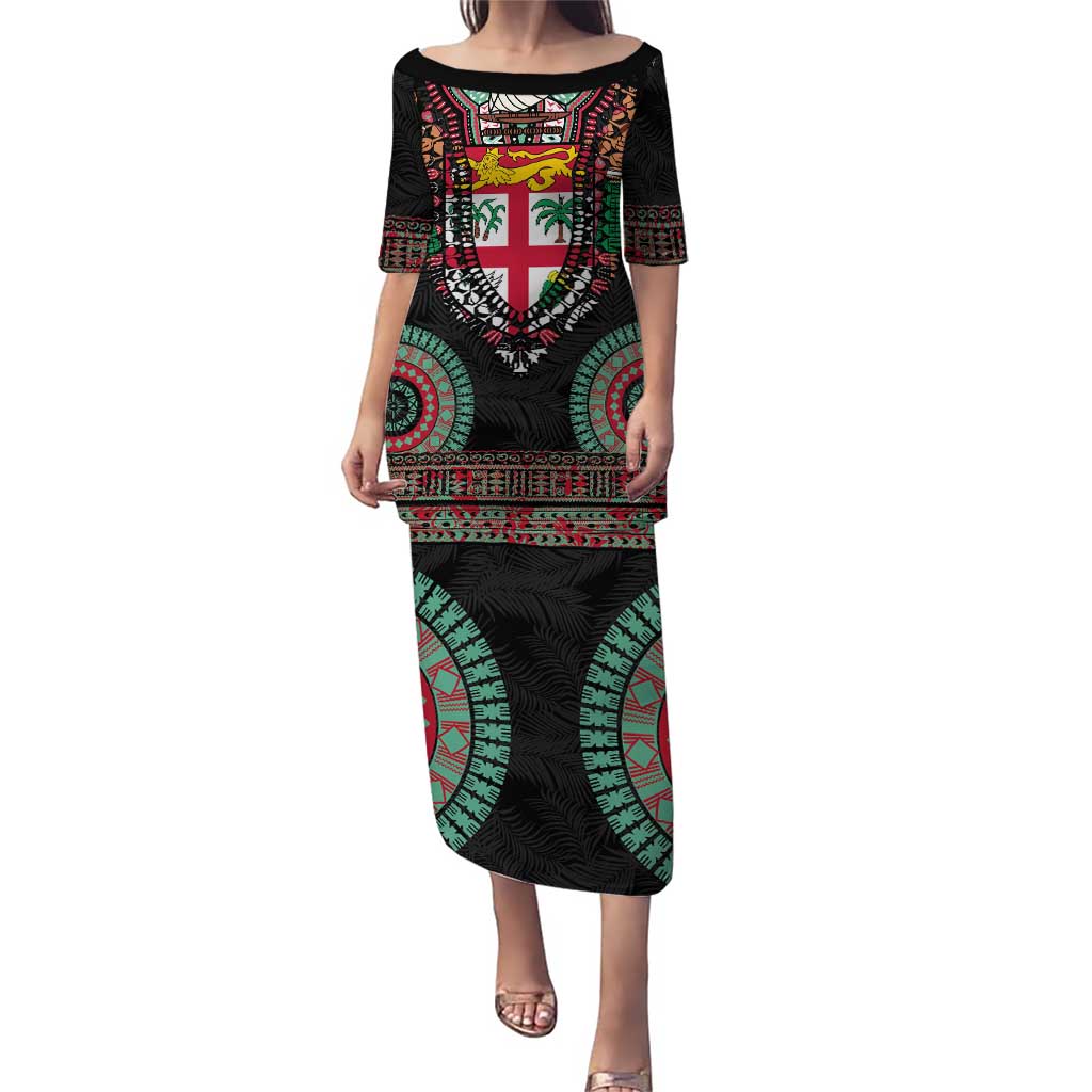 Fiji Coat of Arms Traditional Dashiki Puletasi Tapa Art and Palm Leaves Pattern Black Color LT03 Long Dress Black - Polynesian Pride