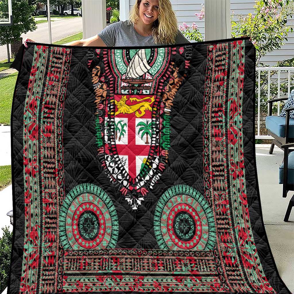 Fiji Coat of Arms Traditional Dashiki Quilt Tapa Art and Palm Leaves Pattern Black Color LT03 Black - Polynesian Pride