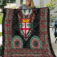 Fiji Coat of Arms Traditional Dashiki Quilt Tapa Art and Palm Leaves Pattern Black Color LT03 Black - Polynesian Pride