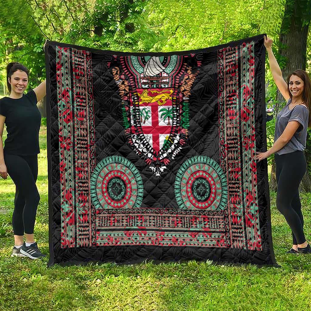 Fiji Coat of Arms Traditional Dashiki Quilt Tapa Art and Palm Leaves Pattern Black Color LT03 - Polynesian Pride