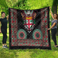 Fiji Coat of Arms Traditional Dashiki Quilt Tapa Art and Palm Leaves Pattern Black Color LT03 - Polynesian Pride