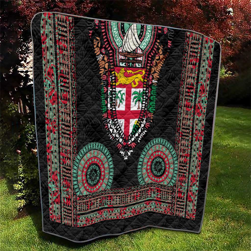 Fiji Coat of Arms Traditional Dashiki Quilt Tapa Art and Palm Leaves Pattern Black Color LT03 - Polynesian Pride