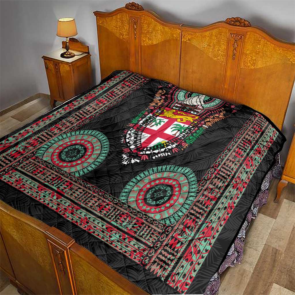 Fiji Coat of Arms Traditional Dashiki Quilt Tapa Art and Palm Leaves Pattern Black Color LT03 - Polynesian Pride