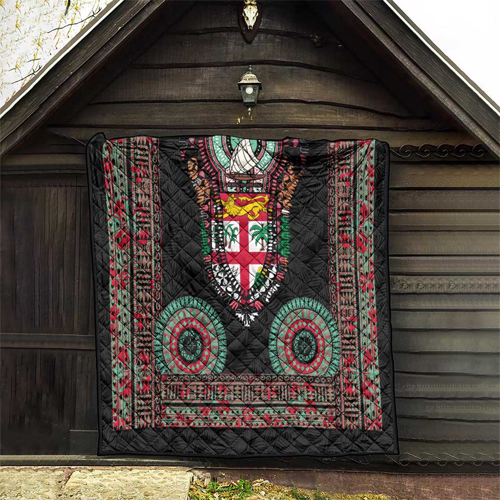 Fiji Coat of Arms Traditional Dashiki Quilt Tapa Art and Palm Leaves Pattern Black Color LT03 - Polynesian Pride