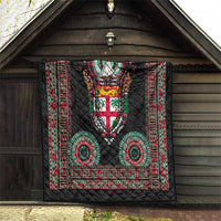 Fiji Coat of Arms Traditional Dashiki Quilt Tapa Art and Palm Leaves Pattern Black Color LT03 - Polynesian Pride