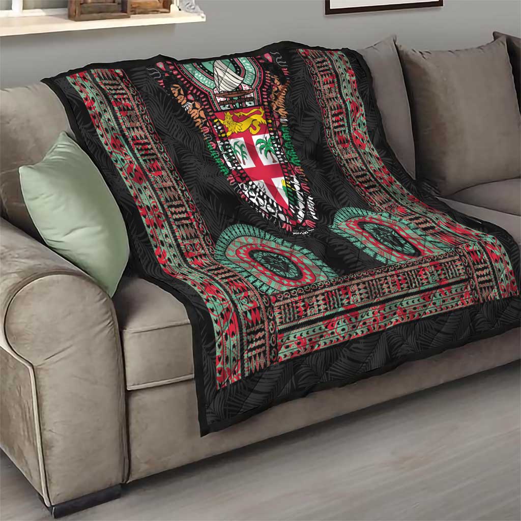Fiji Coat of Arms Traditional Dashiki Quilt Tapa Art and Palm Leaves Pattern Black Color LT03 - Polynesian Pride