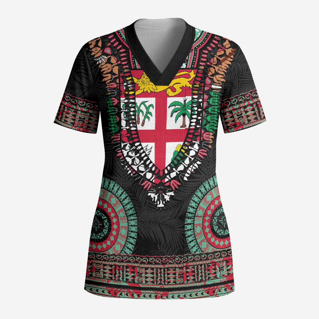 Fiji Coat of Arms Traditional Dashiki Scrub Top Tapa Art and Palm Leaves Pattern Black Color LT03 Adult Black - Polynesian Pride