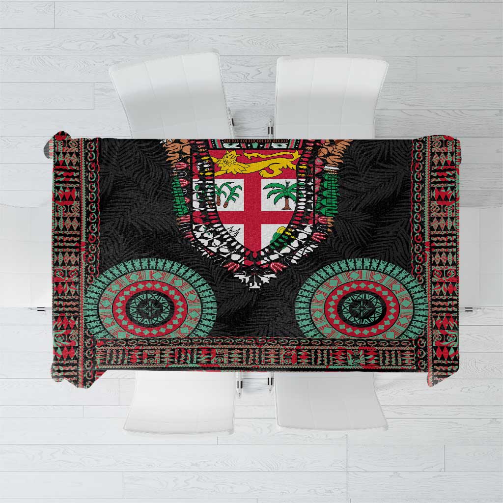 Fiji Coat of Arms Traditional Dashiki Tablecloth Tapa Art and Palm Leaves Pattern Black Color LT03 Black - Polynesian Pride