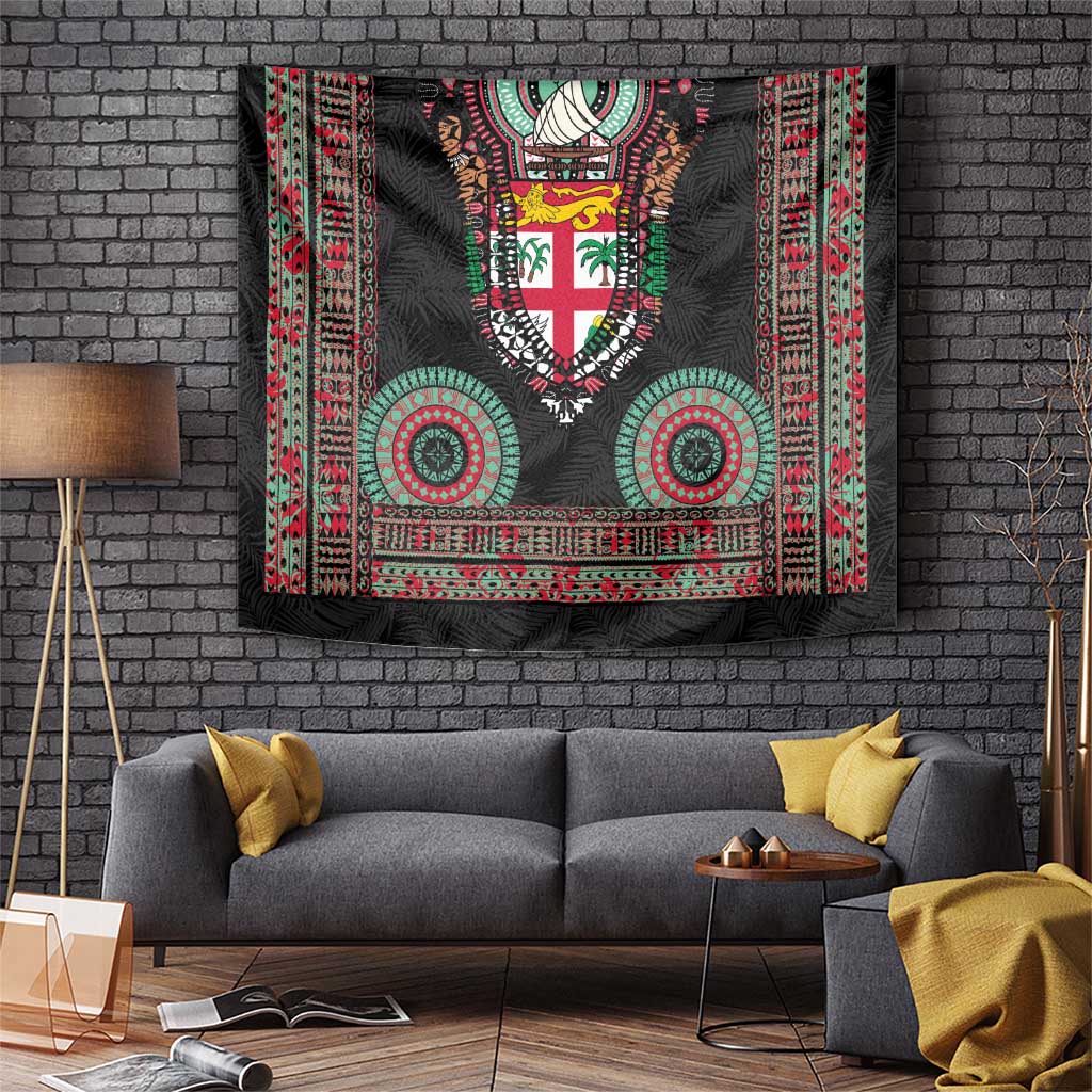 Fiji Coat of Arms Traditional Dashiki Tapestry Tapa Art and Palm Leaves Pattern Black Color LT03 Black - Polynesian Pride