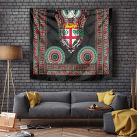 Fiji Coat of Arms Traditional Dashiki Tapestry Tapa Art and Palm Leaves Pattern Black Color LT03 Black - Polynesian Pride