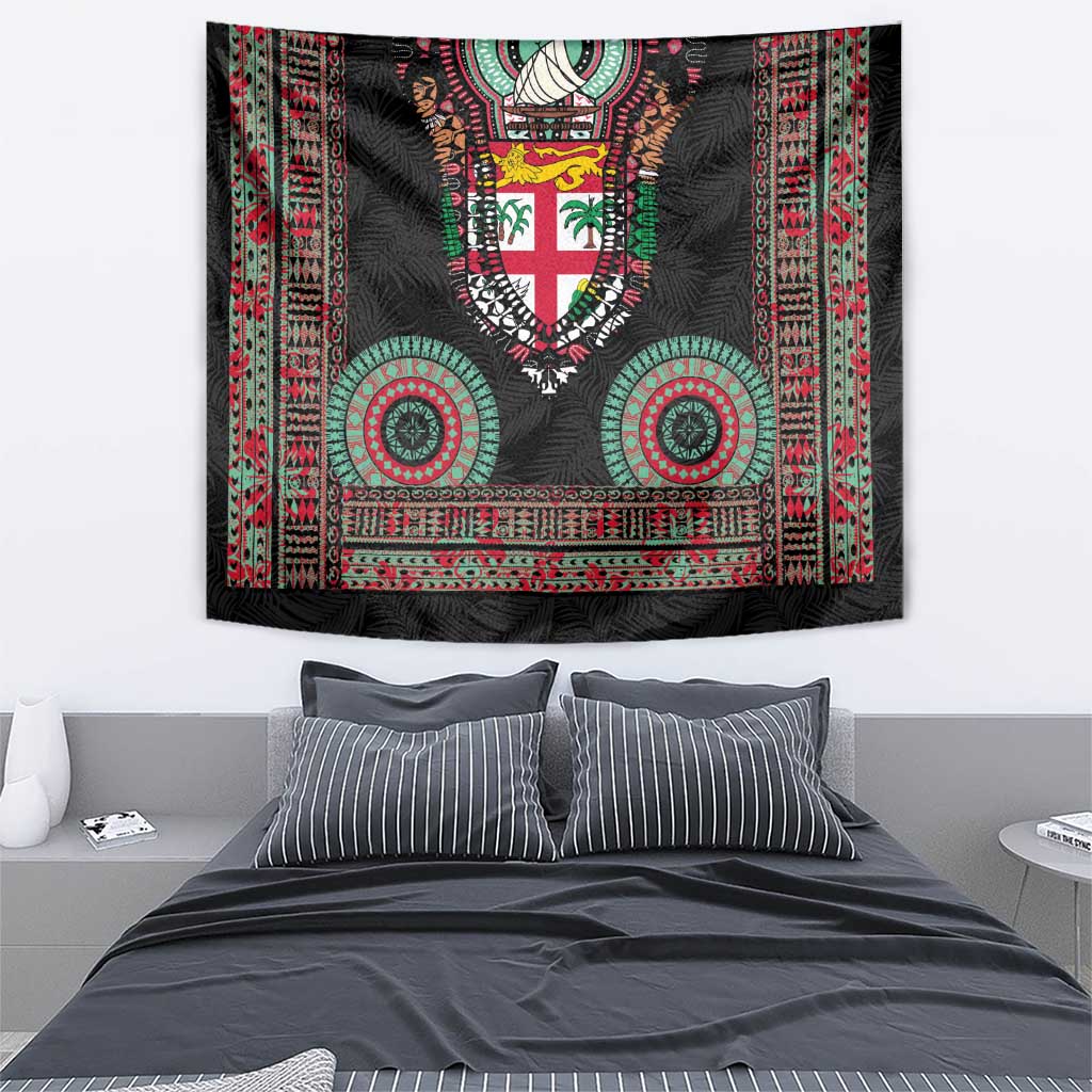 Fiji Coat of Arms Traditional Dashiki Tapestry Tapa Art and Palm Leaves Pattern Black Color LT03 - Polynesian Pride
