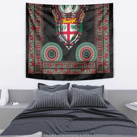 Fiji Coat of Arms Traditional Dashiki Tapestry Tapa Art and Palm Leaves Pattern Black Color LT03 - Polynesian Pride