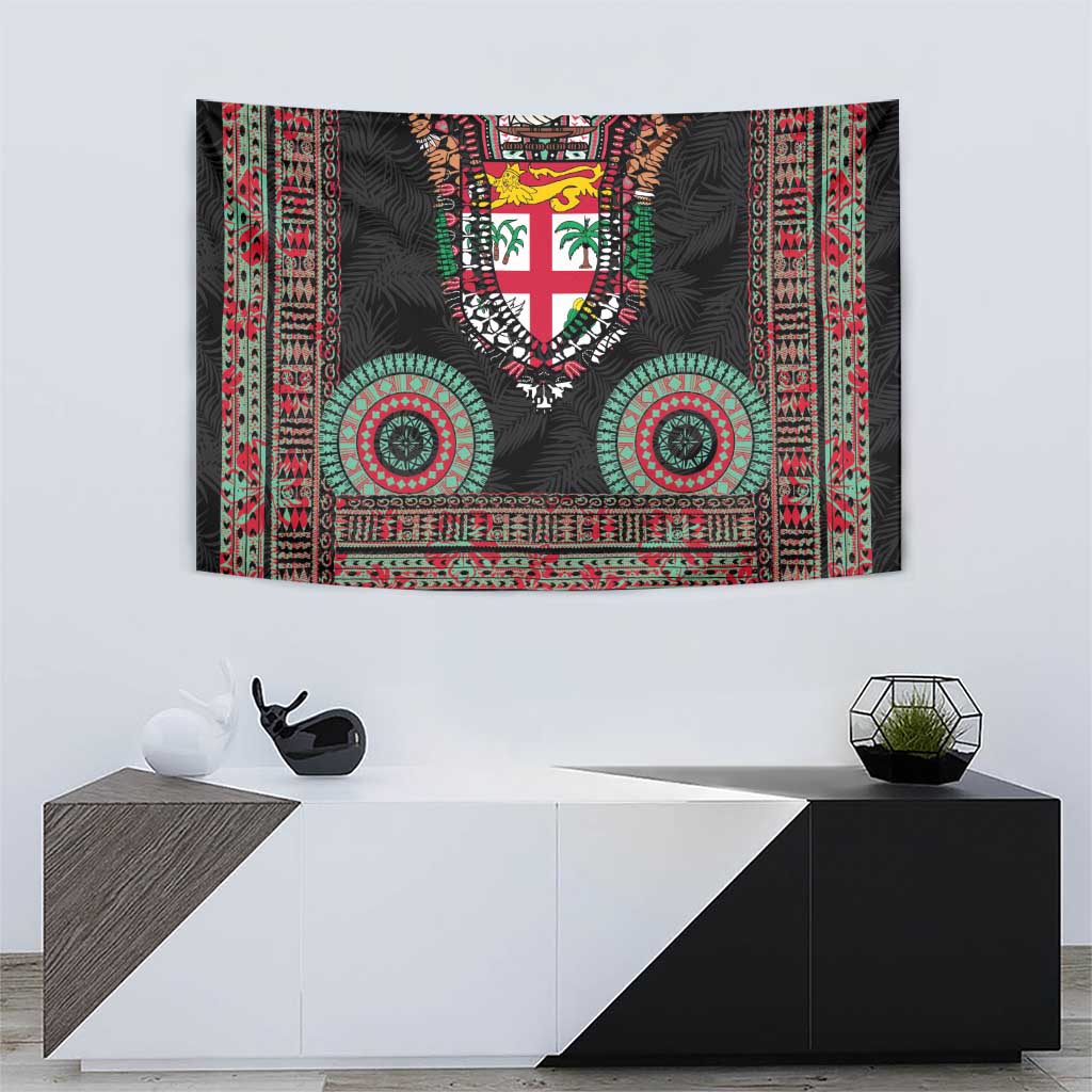 Fiji Coat of Arms Traditional Dashiki Tapestry Tapa Art and Palm Leaves Pattern Black Color LT03 - Polynesian Pride
