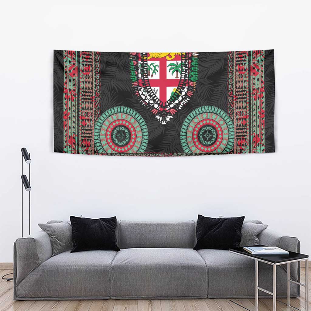 Fiji Coat of Arms Traditional Dashiki Tapestry Tapa Art and Palm Leaves Pattern Black Color LT03 - Polynesian Pride