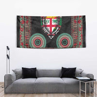 Fiji Coat of Arms Traditional Dashiki Tapestry Tapa Art and Palm Leaves Pattern Black Color LT03 - Polynesian Pride