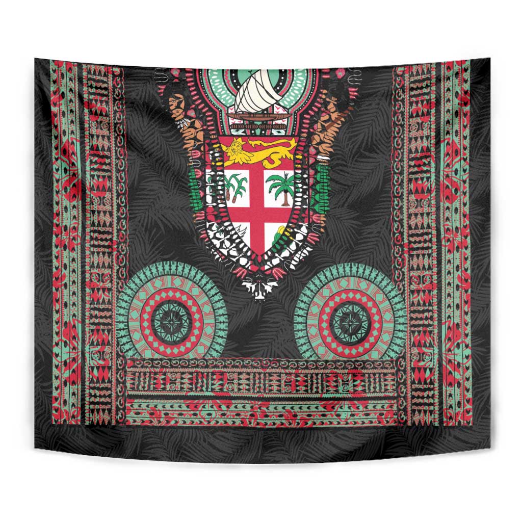 Fiji Coat of Arms Traditional Dashiki Tapestry Tapa Art and Palm Leaves Pattern Black Color LT03 - Polynesian Pride