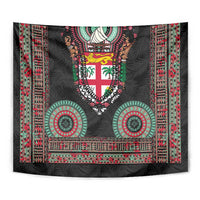 Fiji Coat of Arms Traditional Dashiki Tapestry Tapa Art and Palm Leaves Pattern Black Color LT03 - Polynesian Pride