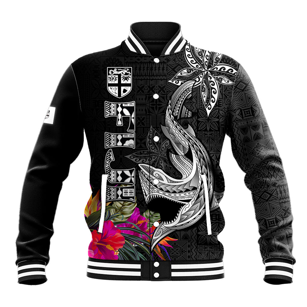 Custom Polynesian Fiji Baseball Jacket Shark and Hibiscus Tapa Pattern Version LT03 Unisex White - Polynesian Pride