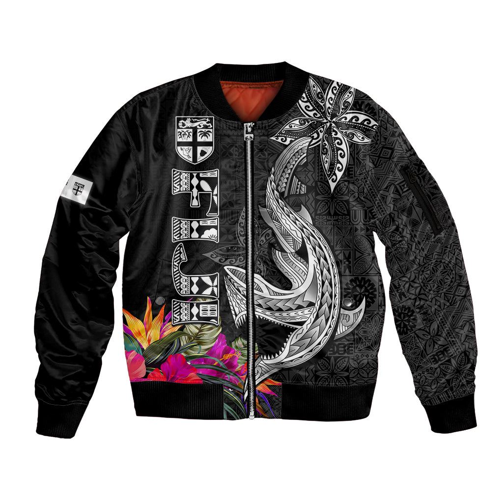 Custom Polynesian Fiji Sleeve Zip Bomber Jacket Shark and Hibiscus Tapa Pattern Version LT03 Unisex White - Polynesian Pride
