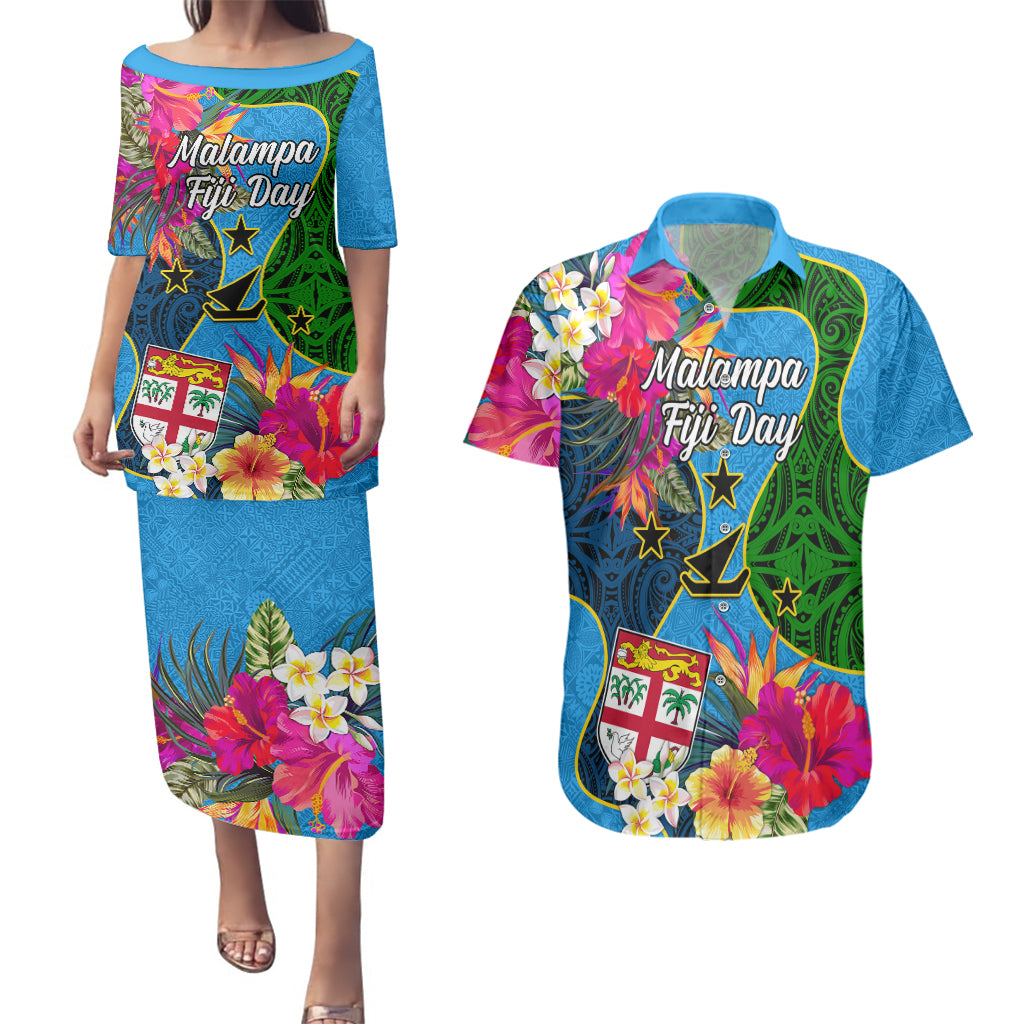 Malampa Fiji Day Couples Matching Puletasi Dress and Hawaiian Shirt Tropical Plants Mix Polynesian and Tapa Pattern LT03 Blue - Polynesian Pride