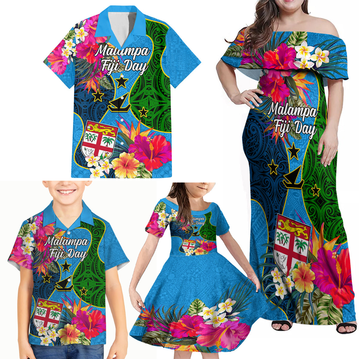 Malampa Fiji Day Family Matching Off Shoulder Maxi Dress and Hawaiian Shirt Tropical Plants Mix Polynesian and Tapa Pattern LT03 - Polynesian Pride