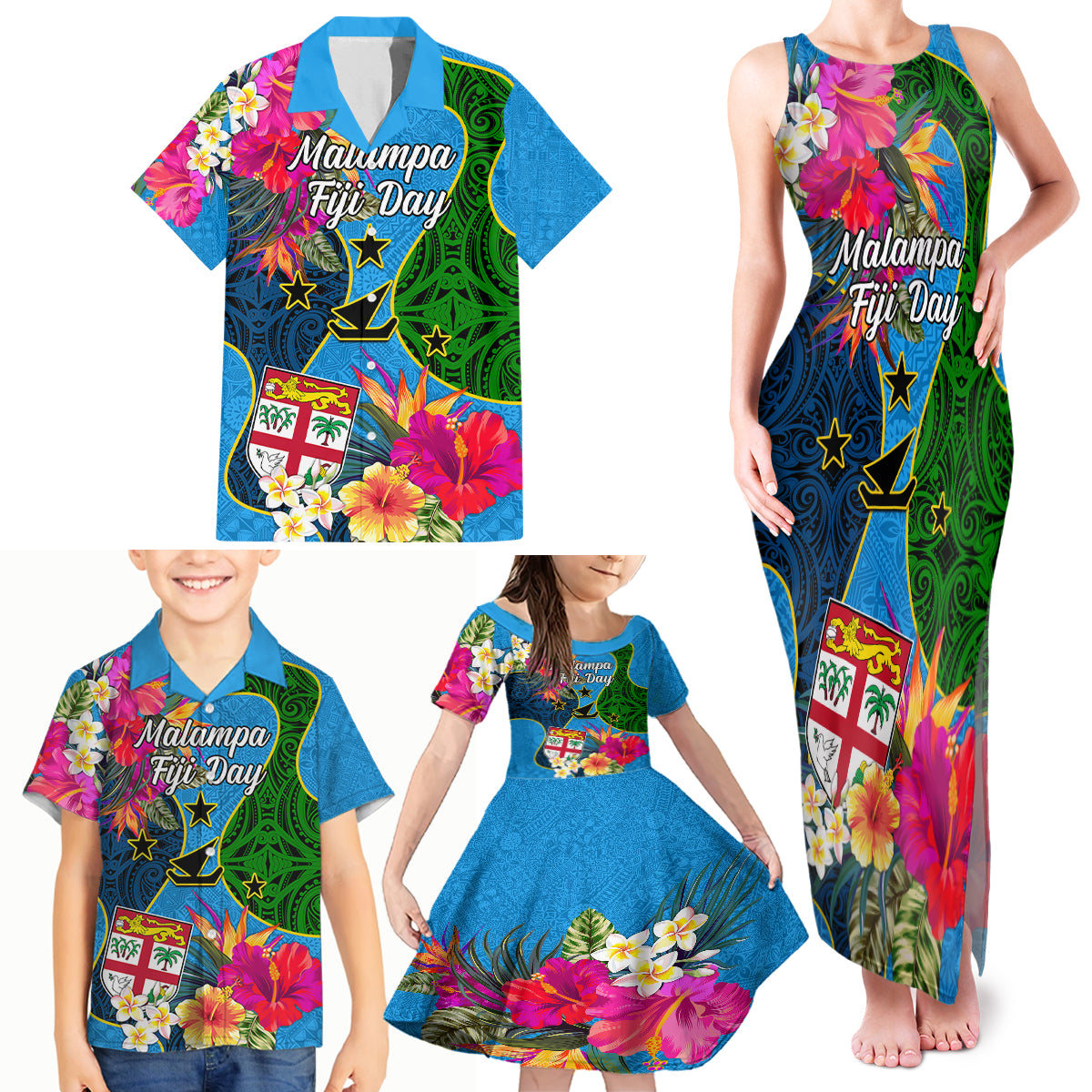 Malampa Fiji Day Family Matching Tank Maxi Dress and Hawaiian Shirt Tropical Plants Mix Polynesian and Tapa Pattern LT03 - Polynesian Pride