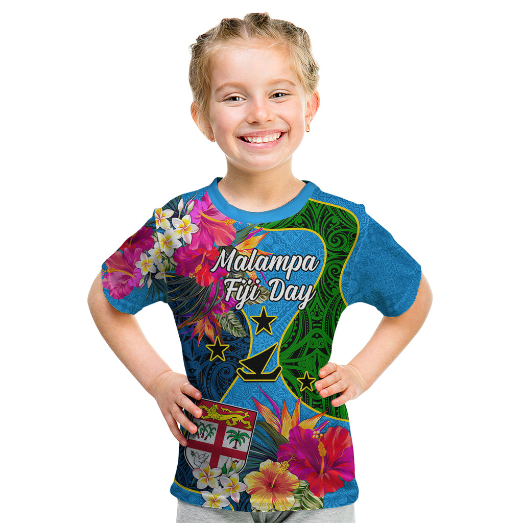 Malampa Fiji Day Kid T Shirt Tropical Plants Mix Polynesian and Tapa Pattern LT03 Blue - Polynesian Pride