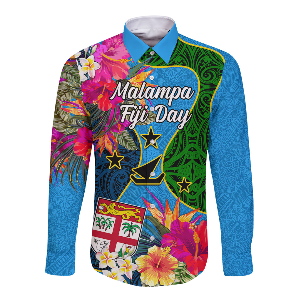 Malampa Fiji Day Long Sleeve Button Shirt Tropical Plants Mix Polynesian and Tapa Pattern LT03 Unisex Blue - Polynesian Pride
