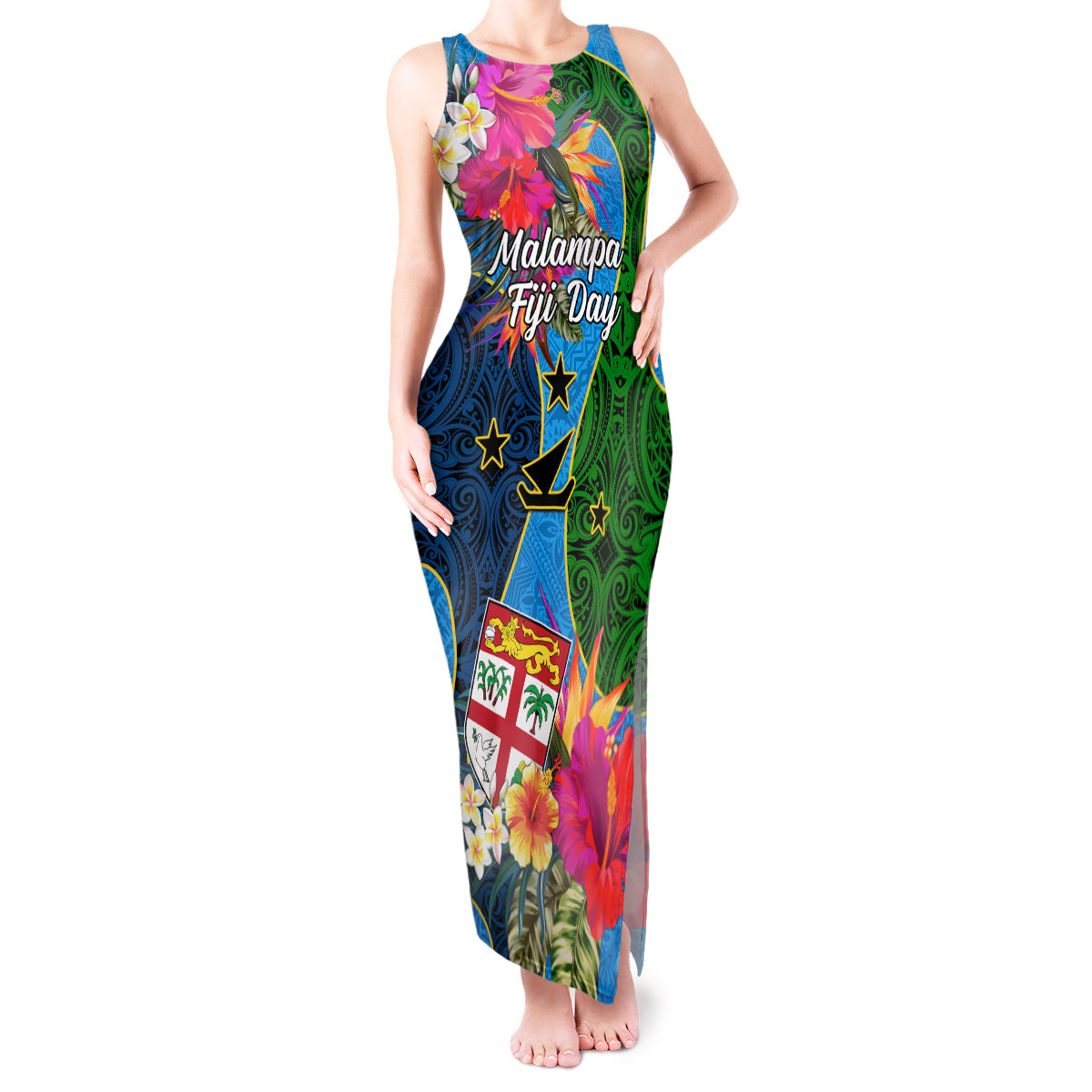 Malampa Fiji Day Tank Maxi Dress Tropical Plants Mix Polynesian and Tapa Pattern LT03 Women Blue - Polynesian Pride