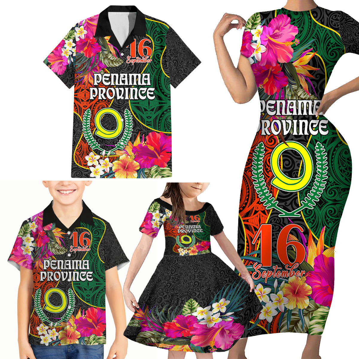 Penama Day Family Matching Short Sleeve Bodycon Dress and Hawaiian Shirt 16th September Polynesian Pattern with Pacific Flower LT03 - Polynesian Pride