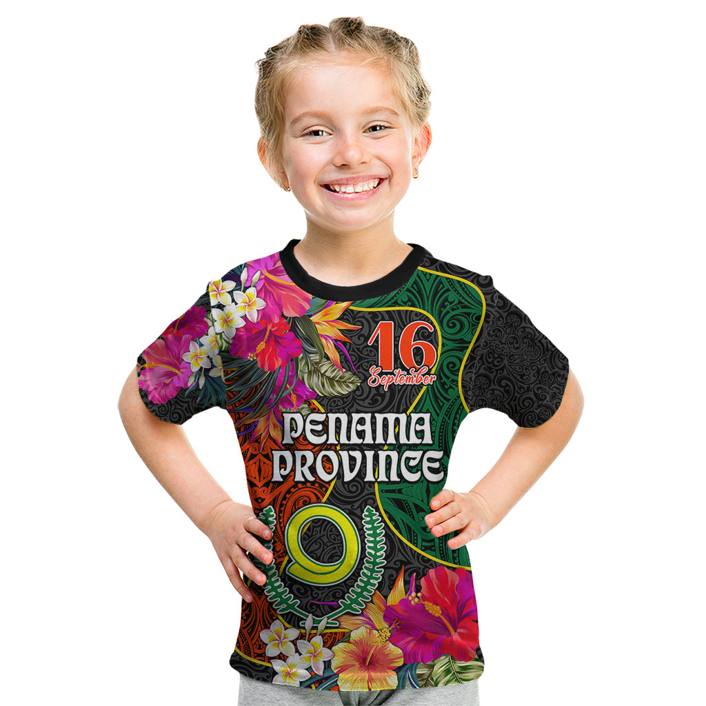 Penama Day Kid T Shirt 16th September Polynesian Pattern with Pacific Flower LT03 Black - Polynesian Pride