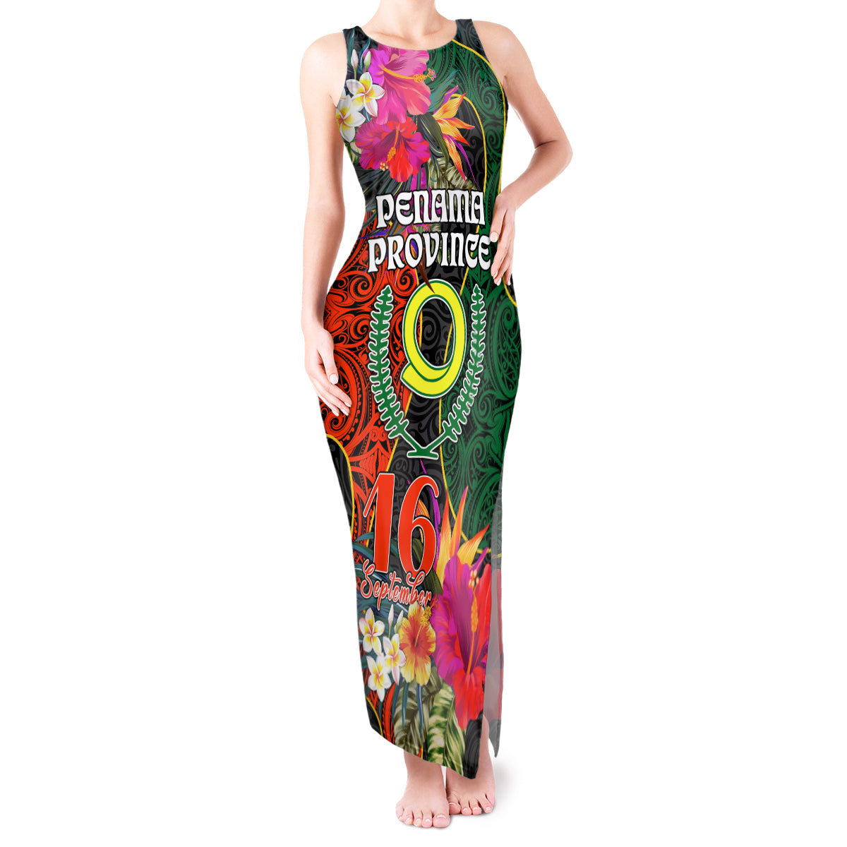 Penama Day Tank Maxi Dress 16th September Polynesian Pattern with Pacific Flower LT03 Women Black - Polynesian Pride