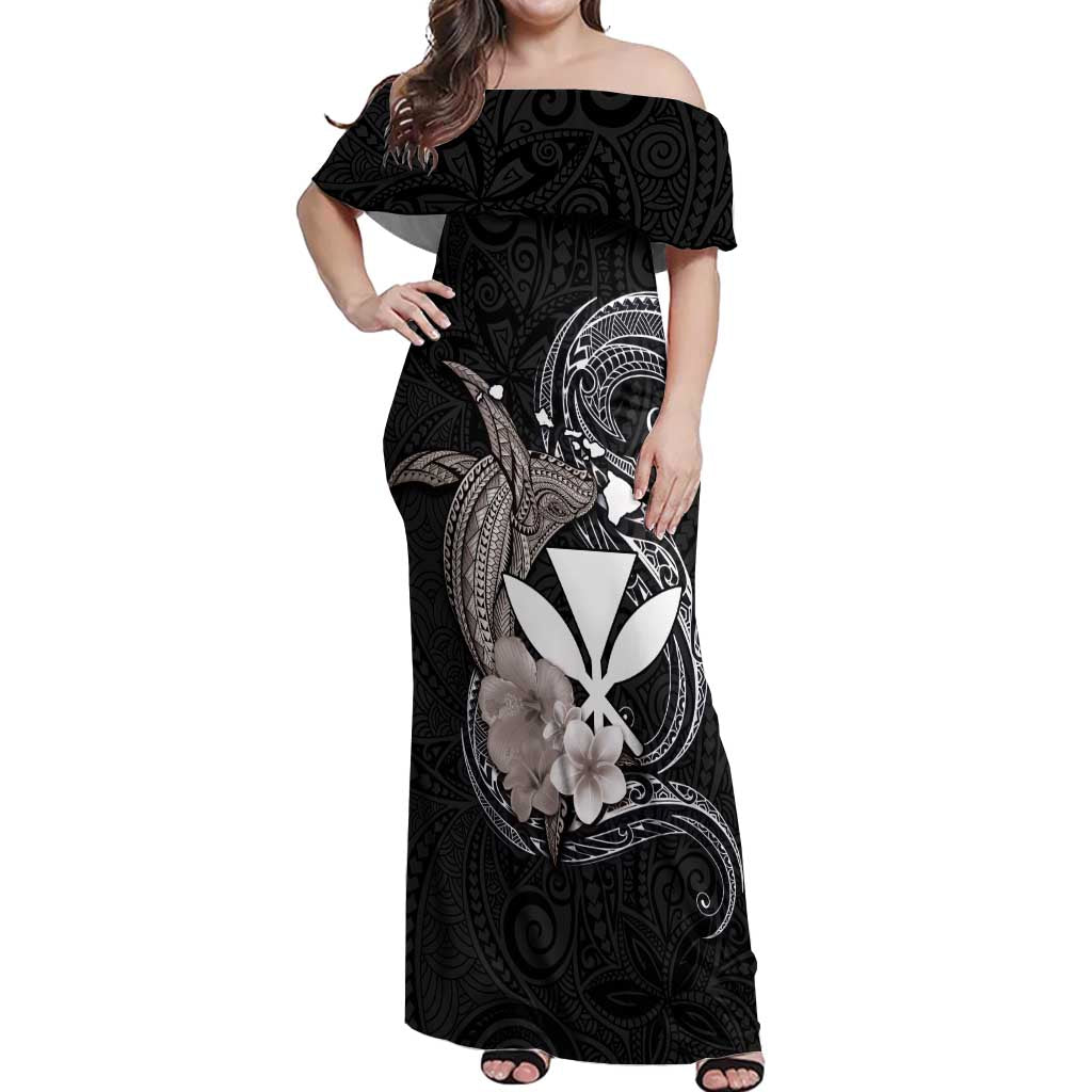 Hawaiian Whale and Kanaka Maoli Symbol Off Shoulder Maxi Dress Hibiscus with Hawaii Map and Polynesian Tattoo Grayscale Color LT03 Women Black - Polynesian Pride