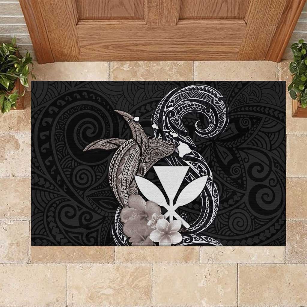 Hawaiian Whale and Kanaka Maoli Symbol Rubber Doormat Hibiscus with Hawaii Map and Polynesian Tattoo Grayscale Color LT03 Black - Polynesian Pride