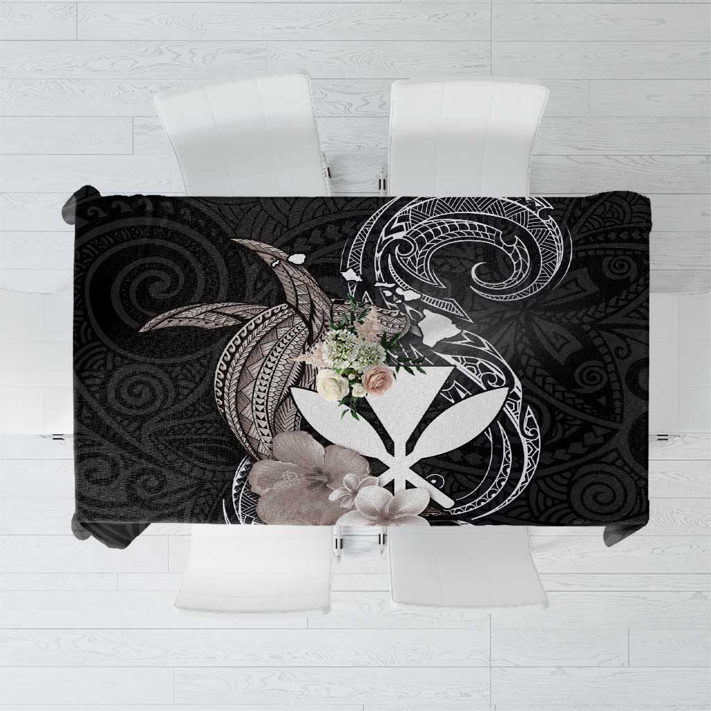 Hawaiian Whale and Kanaka Maoli Symbol Tablecloth Hibiscus with Hawaii Map and Polynesian Tattoo Grayscale Color