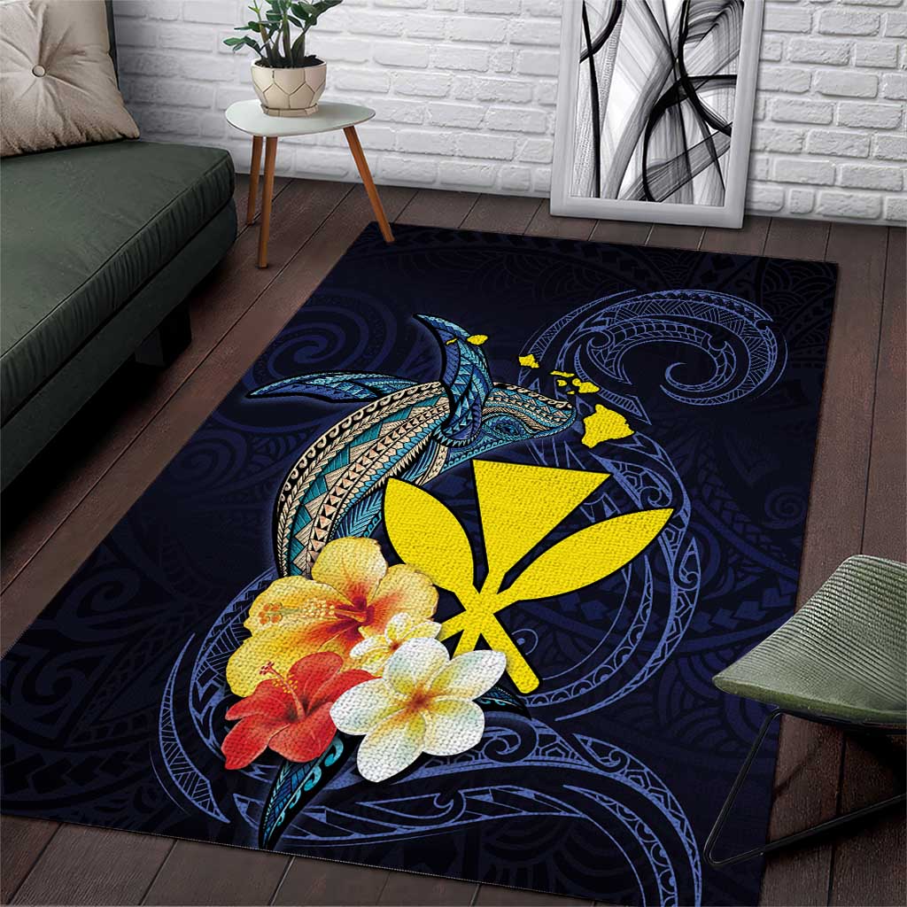 Hawaiian Whale and Kanaka Maoli Symbol Area Rug Hibiscus with Hawaii Map and Polynesian Tattoo Deep Sea Color