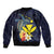 Hawaiian Whale and Kanaka Maoli Symbol Bomber Jacket Hibiscus with Hawaii Map and Polynesian Tattoo Deep Sea Color