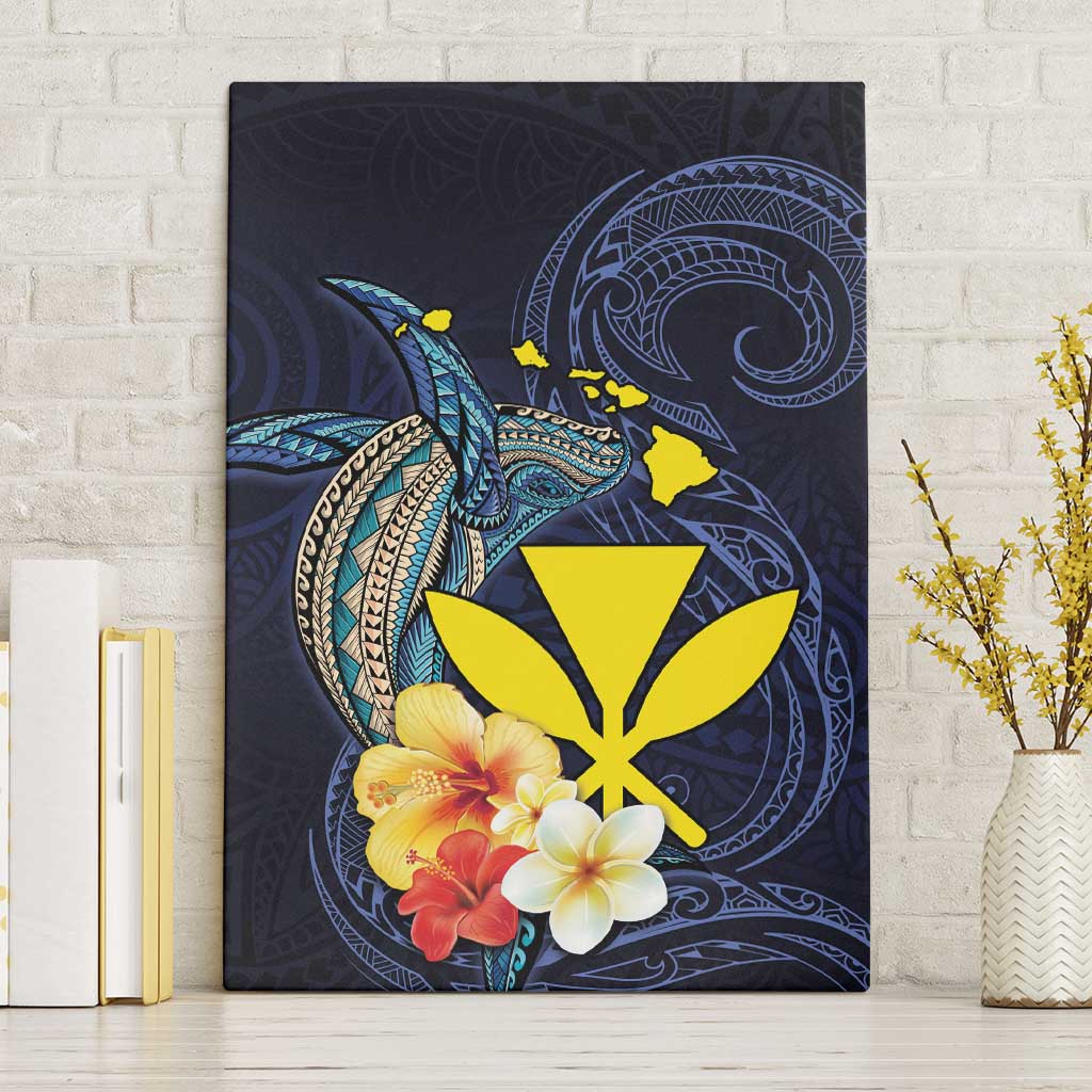 Hawaiian Whale and Kanaka Maoli Symbol Canvas Wall Art Hibiscus with Hawaii Map and Polynesian Tattoo Deep Sea Color LT03 Without Frame Blue - Polynesian Pride