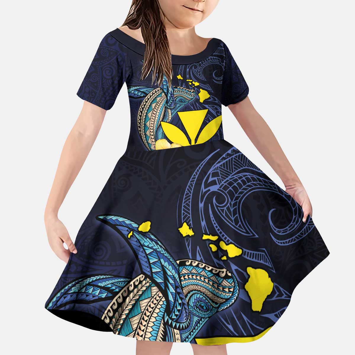 Hawaiian Whale and Kanaka Maoli Symbol Kid Short Sleeve Dress Hibiscus with Hawaii Map and Polynesian Tattoo Deep Sea Color LT03 KID Blue - Polynesian Pride