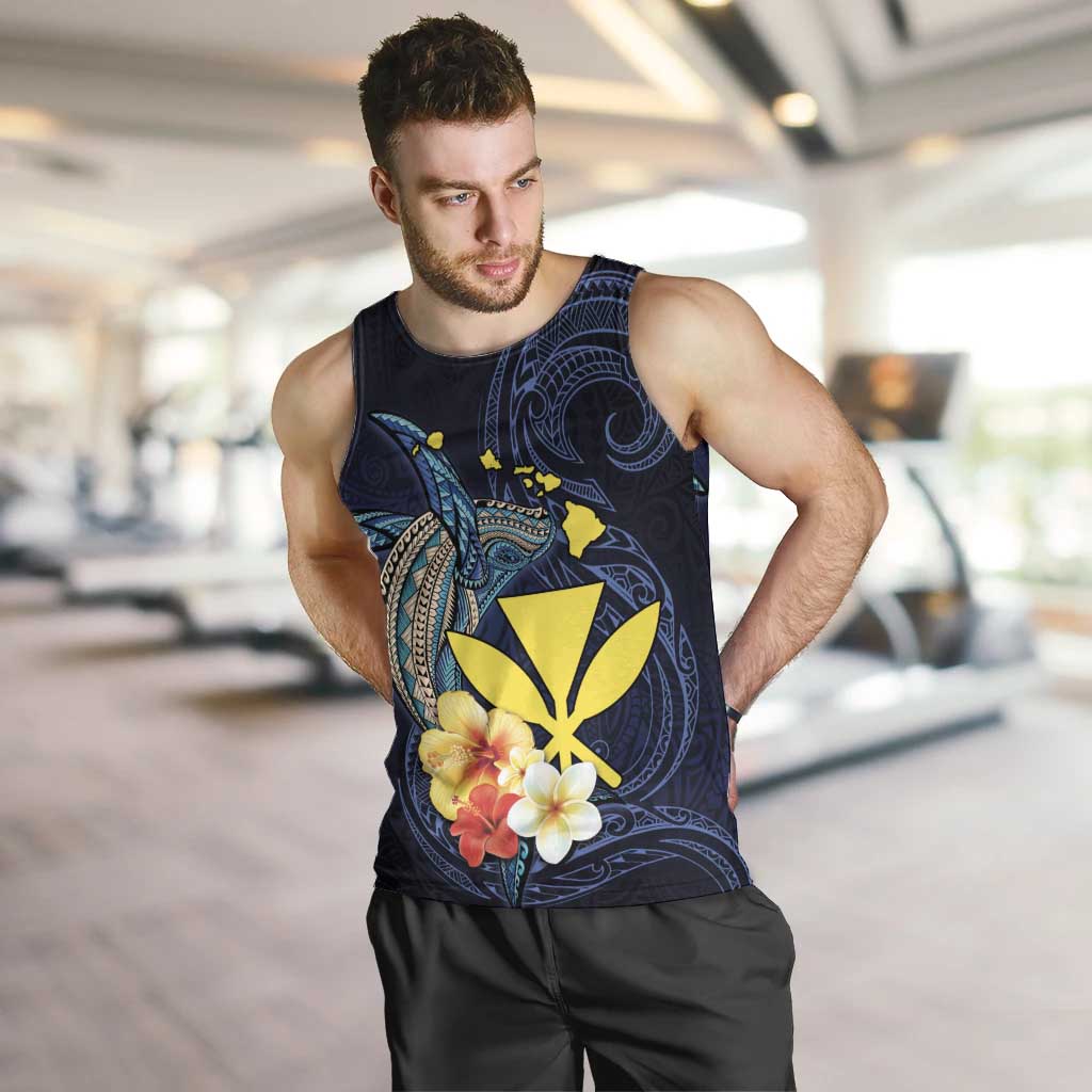 Hawaiian Whale and Kanaka Maoli Symbol Men Tank Top Hibiscus with Hawaii Map and Polynesian Tattoo Deep Sea Color LT03 Blue - Polynesian Pride