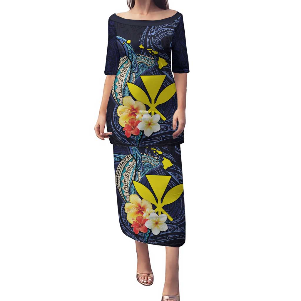 Hawaiian Whale and Kanaka Maoli Symbol Puletasi Hibiscus with Hawaii Map and Polynesian Tattoo Deep Sea Color LT03 Long Dress Blue - Polynesian Pride