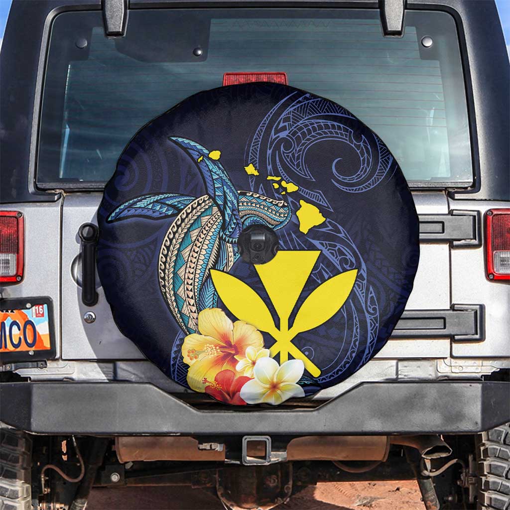 Hawaiian Whale and Kanaka Maoli Symbol Spare Tire Cover Hibiscus with Hawaii Map and Polynesian Tattoo Deep Sea Color