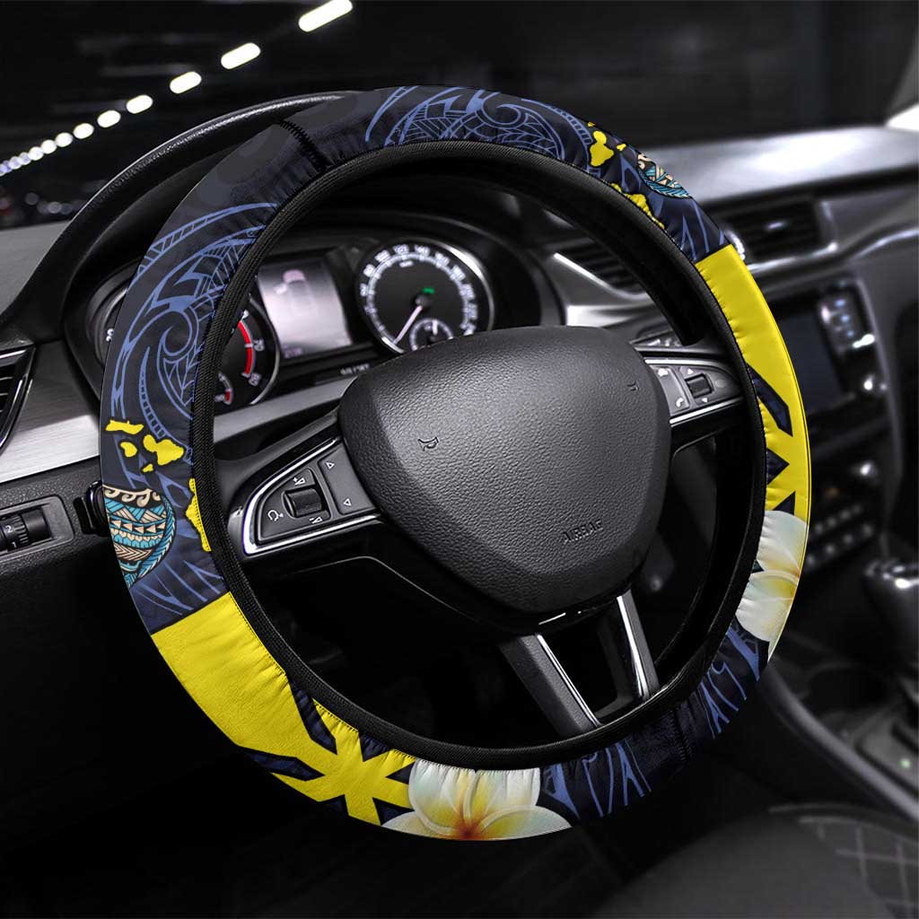 Hawaiian Whale and Kanaka Maoli Symbol Steering Wheel Cover Hibiscus with Hawaii Map and Polynesian Tattoo Deep Sea Color