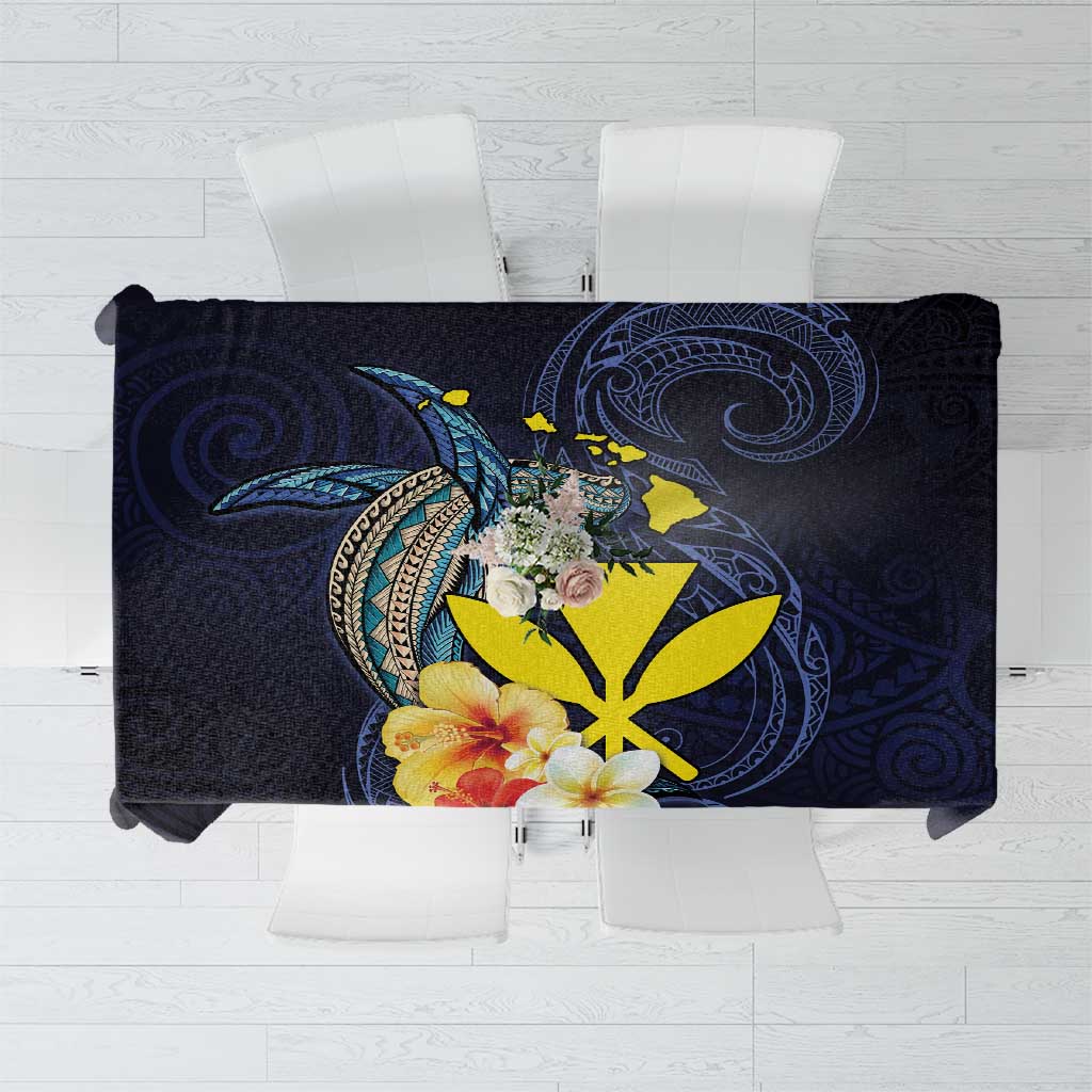 Hawaiian Whale and Kanaka Maoli Symbol Tablecloth Hibiscus with Hawaii Map and Polynesian Tattoo Deep Sea Color