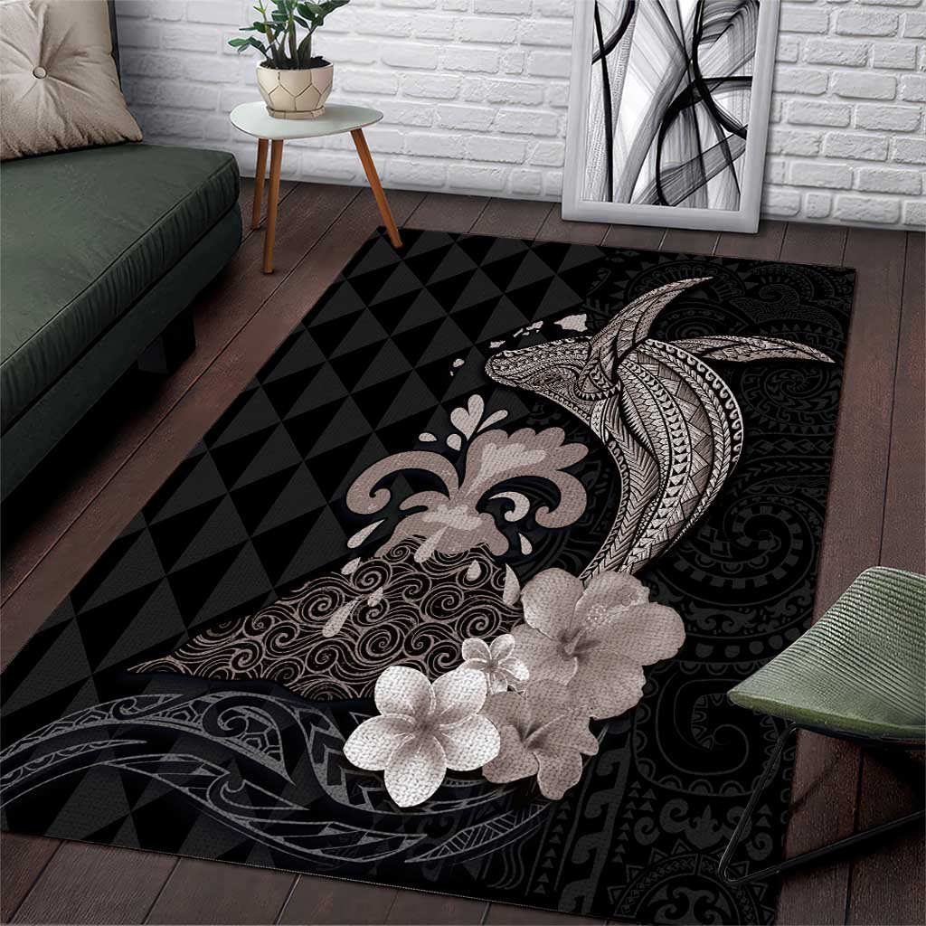 Hawaiian Whale and Volcanic Eruption Area Rug Hibiscus and Kakau Pattern Grayscale Color