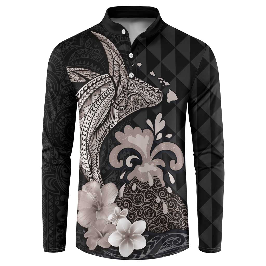 Hawaiian Whale and Volcanic Eruption Button Sweatshirt Hibiscus and Kakau Pattern Grayscale Color LT03 Black - Polynesian Pride