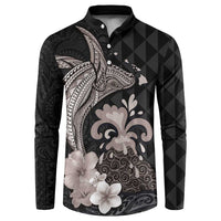 Hawaiian Whale and Volcanic Eruption Button Sweatshirt Hibiscus and Kakau Pattern Grayscale Color LT03 Black - Polynesian Pride