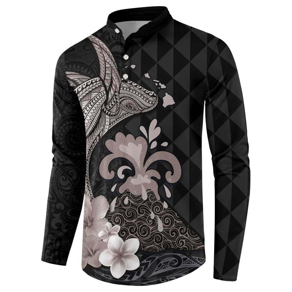 Hawaiian Whale and Volcanic Eruption Button Sweatshirt Hibiscus and Kakau Pattern Grayscale Color LT03 - Polynesian Pride