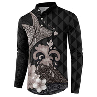 Hawaiian Whale and Volcanic Eruption Button Sweatshirt Hibiscus and Kakau Pattern Grayscale Color LT03 - Polynesian Pride